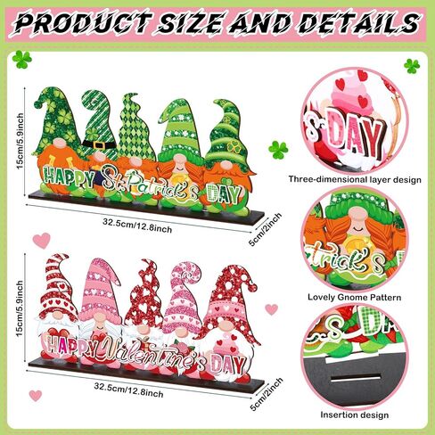 Valentine's Day and St. Patrick's Day Reversible Gnome Wood Signs Double Sided Valentines St. Patrick's Day Theme Wooden Standing Blocks Decoration Gnome Table Centerpiece for Home(Classic) in Kuwait