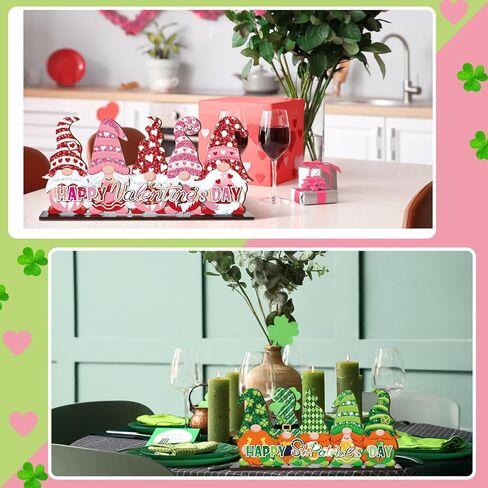 Valentine's Day and St. Patrick's Day Reversible Gnome Wood Signs Double Sided Valentines St. Patrick's Day Theme Wooden Standing Blocks Decoration Gnome Table Centerpiece for Home(Classic) in Kuwait