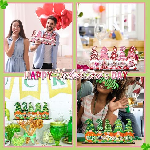 Valentine's Day and St. Patrick's Day Reversible Gnome Wood Signs Double Sided Valentines St. Patrick's Day Theme Wooden Standing Blocks Decoration Gnome Table Centerpiece for Home(Classic) in Kuwait