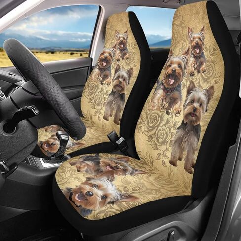 Cute Yorkie Print Set of 2 Car Seat Covers Car Accessories, Floral Universal Auto Accessories Bucket Front Seats Protector Fits for Car,SUV Sedan,Truck, Brown in Kuwait