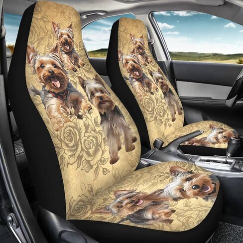 Cute Yorkie Print Set of 2 Car Seat Covers Car Accessories, Floral Universal Auto Accessories Bucket Front Seats Protector Fits for Car,SUV Sedan,Truck, Brown in Kuwait