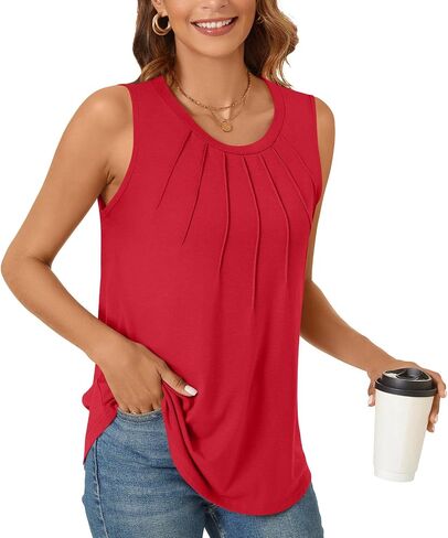 Anyhold Women's Summer Sleeveless Tops Casual Dressy Shirts Fashion Pleated Business Blouses Tunic Top in Saudi Arabia
