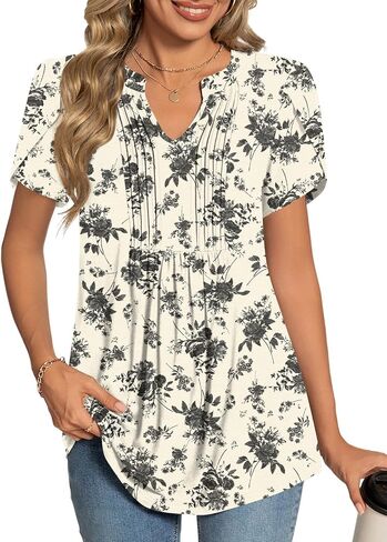 Womens 2025 Summer/Spring Tunic Tops V Neck Dressy Casual Blouse for Work Fashion Pleated Short Sleeve T-Shirts in Saudi Arabia