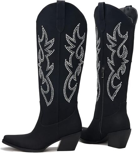 Pasuot Western Cowboy Boots for Women - Knee High Wide Calf Cowgirl Boots with Classic Embroidered, Slip On Pointed Toe Chunky Heel Fashion Retro Classic Pull On Tall Boot Light Brown Size 5.5 in Saudi Arabia