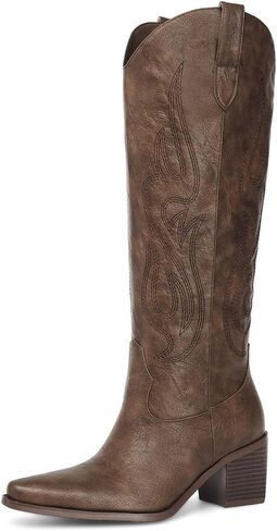 Pasuot Western Cowboy Boots for Women - Knee High Wide Calf Cowgirl Boots with Classic Embroidered, Slip On Pointed Toe Chunky Heel Fashion Retro Classic Pull On Tall Boot Light Brown Size 5.5 in Saudi Arabia