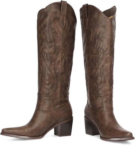 Pasuot Western Cowboy Boots for Women - Knee High Wide Calf Cowgirl Boots with Classic Embroidered, Slip On Pointed Toe Chunky Heel Fashion Retro Classic Pull On Tall Boot Light Brown Size 5.5 in Saudi Arabia