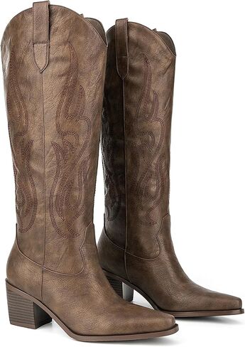 Pasuot Western Cowboy Boots for Women - Knee High Wide Calf Cowgirl Boots with Classic Embroidered, Slip On Pointed Toe Chunky Heel Fashion Retro Classic Pull On Tall Boot Light Brown Size 5.5 in Saudi Arabia