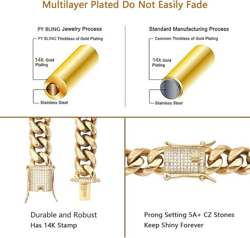 Heavy Stainless Steel Miami Cuban Link Bracelet 8mm-16mm 14k Real Gold Plated with Lab Diamond Clasp Premium Hip Hop Jewelry For Men Women with Gift Box in Kuwait