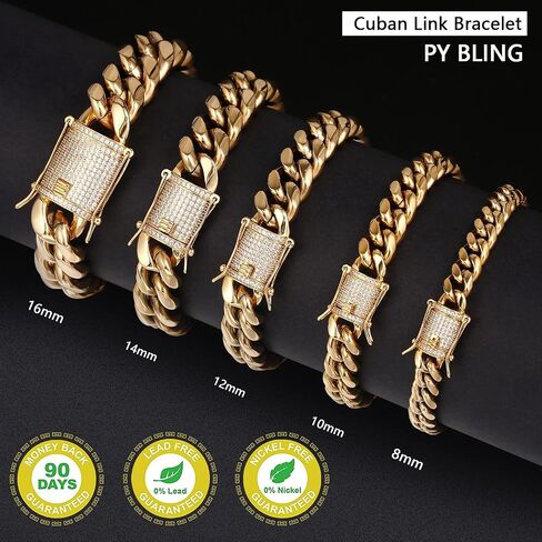 Heavy Stainless Steel Miami Cuban Link Bracelet 8mm-16mm 14k Real Gold Plated with Lab Diamond Clasp Premium Hip Hop Jewelry For Men Women with Gift Box in Kuwait