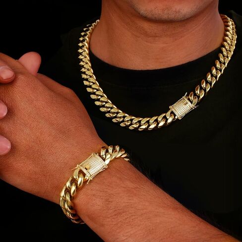 Heavy Stainless Steel Miami Cuban Link Bracelet 8mm-16mm 14k Real Gold Plated with Lab Diamond Clasp Premium Hip Hop Jewelry For Men Women with Gift Box in Kuwait
