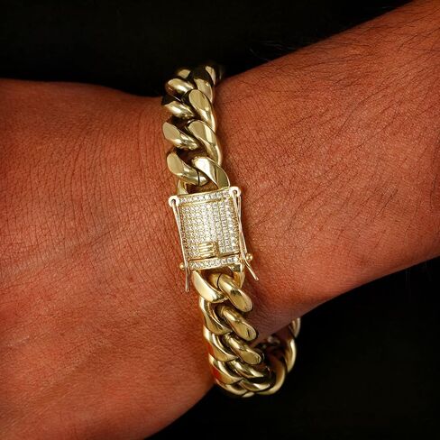 Heavy Stainless Steel Miami Cuban Link Bracelet 8mm-16mm 14k Real Gold Plated with Lab Diamond Clasp Premium Hip Hop Jewelry For Men Women with Gift Box in Kuwait
