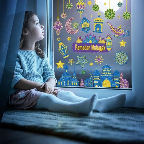 Whaline Ramadan Mubarak Window Clings Eid Mubarak Window Decals Glitter Blue Purple Gold Muslim Theme Adhesive PVC Stickers for Home Office Window Glass Mirror Decoration Supplies, 9 Sheet in Saudi Arabia