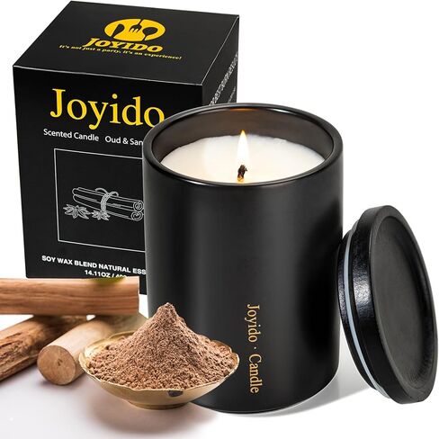 شمعة معطرة بالعود وخشب الصندل بوزن 14oz - شموع عطرية مع غطاء - شموع الصويا للمنزل المعطرة - شموع سيراميك فاخرة لغرفة النوم والمطبخ وديكور المنزل، وحفلات الانتقال لمنزل جديد (أسود) in Kuwait
