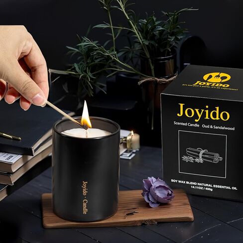 شمعة معطرة بالعود وخشب الصندل بوزن 14oz - شموع عطرية مع غطاء - شموع الصويا للمنزل المعطرة - شموع سيراميك فاخرة لغرفة النوم والمطبخ وديكور المنزل، وحفلات الانتقال لمنزل جديد (أسود) in Kuwait