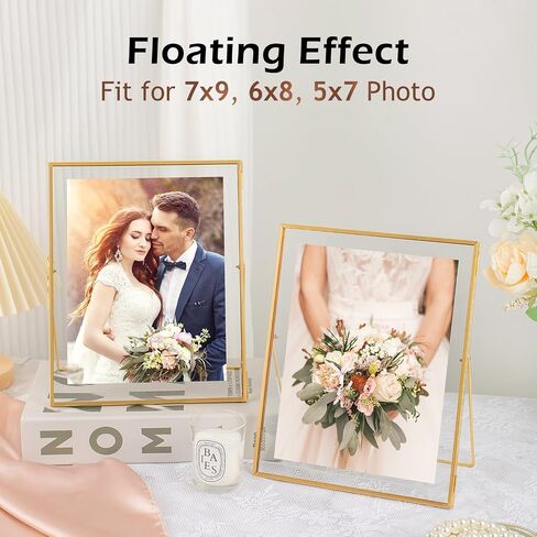 Gold Floating Frame Set of 2, Gold 8x10 Picture Frames Fit for Multi Size 7x9, 5x7, 4x6 Photos, Tempered Glass Floating Picture Frame for Tabletop Display in Kuwait