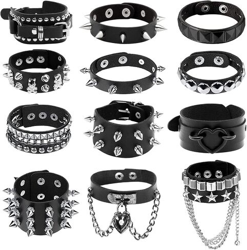 NEWITIN 12 Pieces PU Leather Bracelet Punk Bracelet Adjustable Goth Cuff Bracelet Gothic Rivet Buckle Wristband for Men Women in Kuwait