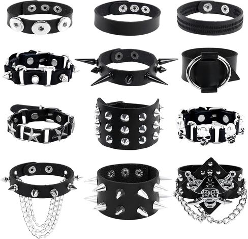 NEWITIN 12 Pieces PU Leather Bracelet Punk Bracelet Adjustable Goth Cuff Bracelet Gothic Rivet Buckle Wristband for Men Women in Kuwait