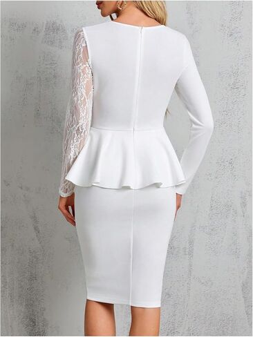 MakeMeChic Women's Elegant Lace Panel Peplum Waist Ruffle Hem Dress Long Sleeve Bodycon Dresses in Saudi Arabia