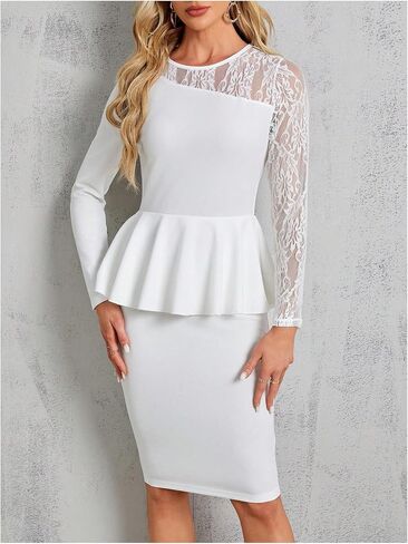 MakeMeChic Women's Elegant Lace Panel Peplum Waist Ruffle Hem Dress Long Sleeve Bodycon Dresses in Saudi Arabia