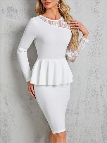 MakeMeChic Women's Elegant Lace Panel Peplum Waist Ruffle Hem Dress Long Sleeve Bodycon Dresses in Saudi Arabia