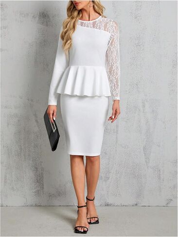 MakeMeChic Women's Elegant Lace Panel Peplum Waist Ruffle Hem Dress Long Sleeve Bodycon Dresses in Saudi Arabia