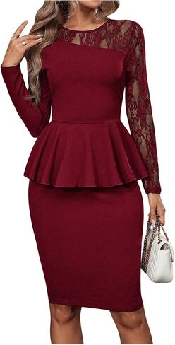 MakeMeChic Women's Elegant Lace Panel Peplum Waist Ruffle Hem Dress Long Sleeve Bodycon Dresses in Saudi Arabia