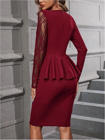 MakeMeChic Women's Elegant Lace Panel Peplum Waist Ruffle Hem Dress Long Sleeve Bodycon Dresses in Saudi Arabia