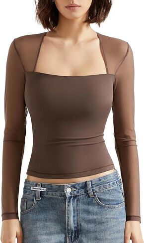 SUUKSESS Women Sexy Mesh Long Sleeve Tops Trendy Square Neck Going Out T Shirts in Kuwait