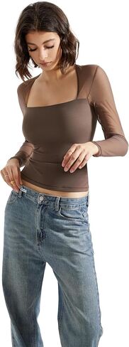 SUUKSESS Women Sexy Mesh Long Sleeve Tops Trendy Square Neck Going Out T Shirts in Kuwait