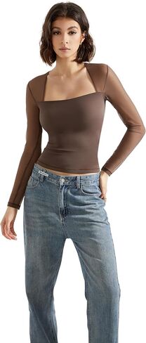 SUUKSESS Women Sexy Mesh Long Sleeve Tops Trendy Square Neck Going Out T Shirts in Kuwait