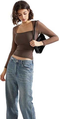 SUUKSESS Women Sexy Mesh Long Sleeve Tops Trendy Square Neck Going Out T Shirts in Kuwait