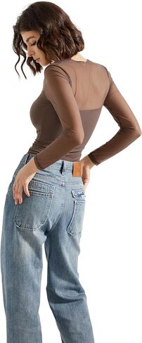 SUUKSESS Women Sexy Mesh Long Sleeve Tops Trendy Square Neck Going Out T Shirts in Kuwait