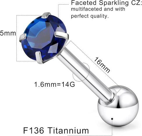 14G ASTM F136 Titanium Tongue Rings Shiny CZ Tongue Piercing Jewelry G23 Solid Titanium Internally Threaded 16MM Tongue Rings Piercing Barbell Jewelry for Women Men 14 Gauge in Kuwait