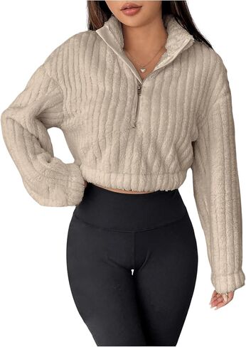 Women's Half Zip Cropped Sweatshirts Fuzzy Fleece Mock Neck Long Sleeve Drop Shoulder Tops in Saudi Arabia