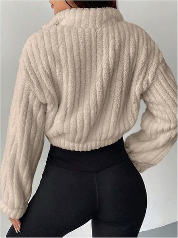 Women's Half Zip Cropped Sweatshirts Fuzzy Fleece Mock Neck Long Sleeve Drop Shoulder Tops in Saudi Arabia