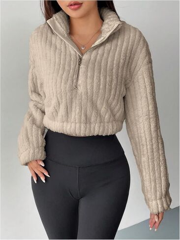 Women's Half Zip Cropped Sweatshirts Fuzzy Fleece Mock Neck Long Sleeve Drop Shoulder Tops in Saudi Arabia