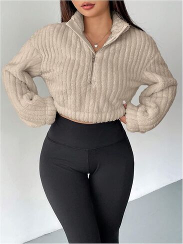Women's Half Zip Cropped Sweatshirts Fuzzy Fleece Mock Neck Long Sleeve Drop Shoulder Tops in Saudi Arabia