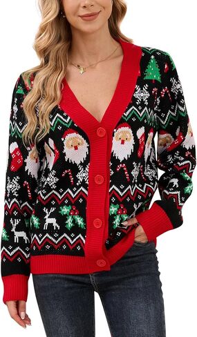 YIJIU Women's Ugly Christmas Cardigans Sweater V Neck Button Down Funny Xmas Open Front Long Sleeve Knit Sweaters Outwear in Kuwait