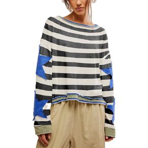 Amiblvowa Oversized Sweatshirt Women Star Graphic Crewneck Y2k Long Sleeve Vintage Striped Jacket Sweater Shirt Pullover Top