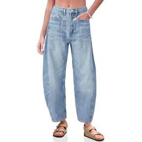 PLNOTME Womens Baggy Barrel Jeans Cropped Loose Boyfriend Wide Leg Mid Rise Ankle Denim Pants with Pockets