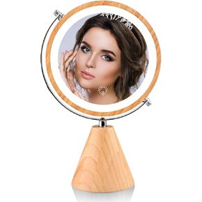 Makeup Mirror with Lights, 8" Bamboo Vanity Mirror, 1X/10X Magnifying Mirror with 3 Color and Adjustable Brightness, 360° Rotation Double Sided Make up Mirror, Gift for Women