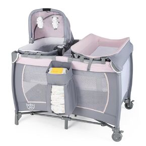BABY JOY 4 in 1 Pack and Play, Portable Baby Playard with Bassinet & Diaper Changing Table, Infant Bassinet Baby Crib Activity Center with Toys & Oxford Bag from Newborn to Toddlers (Dark, Classic)