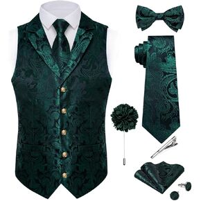 DiBanGu Silk Vest Tie Set for Men,Woven Paisley Dress Waistcoat and Bowtie Pocket Square Cufflinks Lapel Pin Formal Suit Vest