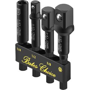 Bates- Impact Socket Adapter Set with Magnetic Bit Holder, 4 pcs, 1/4", 3/8", 1/2" Hex Shank, 3/8 Adapter for Impact Driver Socket Set, Impact Drill Socket Set for Drill, Impact Socket Adapter Set