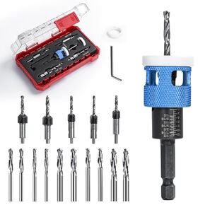15 Pcs Countersink Drill Bit Set with Low Friction Depth Stop, HSS M2 Bits Tapered Head1/8 9/64" 5/32" Drill+3/8" 82° Counter-Bore,11/64" 3/16" Drill+ 1/2" 82° Counter Bore,1/4" Hex Shank(Red)