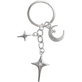 Silver Cute Star Moon Keychain Aesthetic Accessories Stainless Steel Key Ring Purse Handbag Backpack Bag Charms Car Holder Convenient to Carry Decoration,Keyrings and Charms Accessories