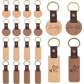 PH PandaHall 16Pcs 2 Styles Wooden Keychain Blank Keychian for Engraving Painting Keychains With Leather Strap Engravable Blank Keychain for DIY Wood Craft Key Tag Luggage Tag Gift