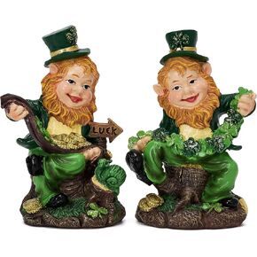 Valery Madelyn St Patricks Day Leprechaun Figurines, Pair of Whimsical Irish Decor with Shamrocks and Luck Sign, Medium Green Resin St Patricks Gnome Gifts for Home or Office Table Decor, 3.5 Inch
