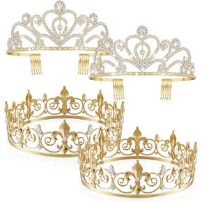 Henoyso 4 Pcs Prom King and Queen Crowns for Men Women King Queen Tiara Crystal Headband Homecoming Costume Party Favor