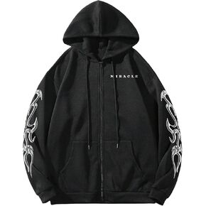 SHENHE Men's Oversized Zip Up Graphic Letter Print Hoodie Sweatshirt with Pockets Black L